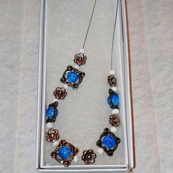 Handmade Necklace Blue Round Glass beads in Metal square frame - Picture 1 of 1